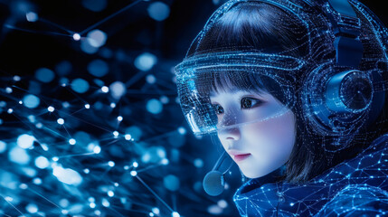 Poster - Futuristic girl with headset amidst glowing digital particles