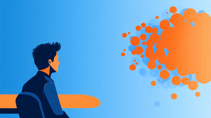Poster - A person observes colorful abstract shapes on a blue background