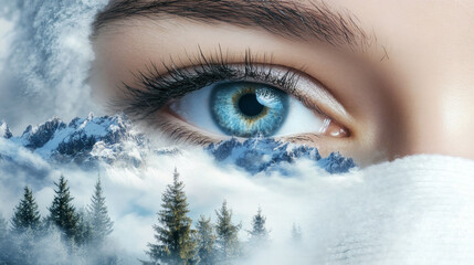 Poster - A close-up of a woman's eye with a snowy landscape reflection