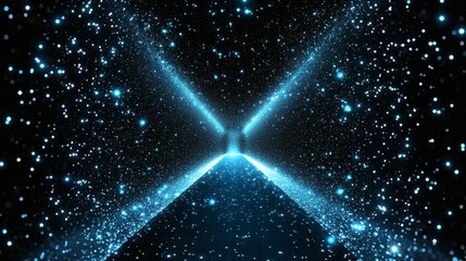 Poster - Bright blue particles radiate from a central point in a dark background