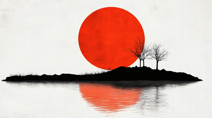 Poster - Silhouetted trees against a large red sun over a calm water surface
