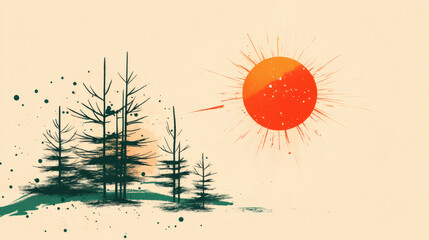 Poster - Abstract landscape with trees and a large sun on a light background
