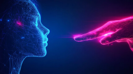 Poster - Digital interaction between a hand and a holographic face in neon colors