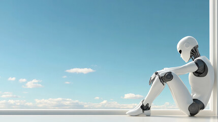 Poster - A humanoid robot sitting by a window, gazing at a clear blue sky