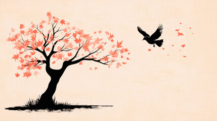 Poster - Blossoming tree with pink flowers and a bird in flight