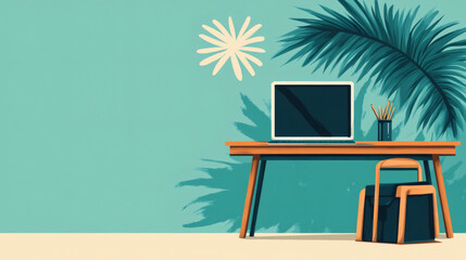 Poster - Home office scene with a laptop and tropical decor