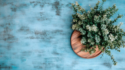Poster - Green plant in a wooden pot on a textured blue background