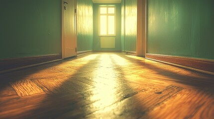 Poster - Sunny hallway, vintage interior, sunbeams on wood floor