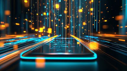 Poster - Abstract Digital Network on Mobile Phone Screen with Blue and Orange Lights