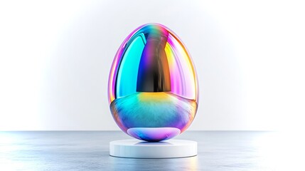 Poster - Colorful reflective egg on a white pedestal in a minimalist setting