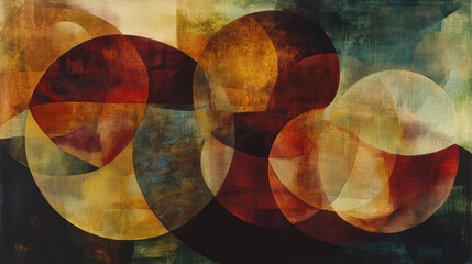 Wall Mural - A contemporary abstract painting with layered circular elements, each displaying a subtle fabric-like texture