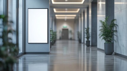 Poster - A sleek, contemporary hallway showcases a blank display board on the wall, surrounded by elegant potted plants and polished floors, creating a serene workspace atmosphere