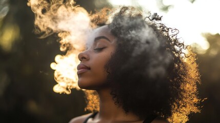 Poster - A woman stands amidst nature, her eyes closed in tranquility as soft smoke curls gracefully around her silhouette, illuminated by the warm sunset light filtering through the trees