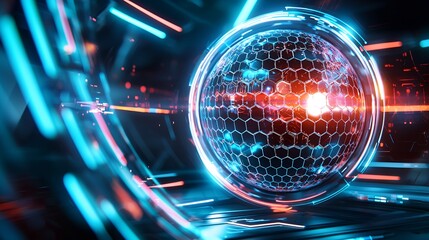 Poster - Abstract Glowing Sphere in a Futuristic Tunnel with Blue and Orange Light Streaks