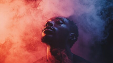 Poster - A person stands quietly, immersed in colorful smoke that envelops them. The swirling reds and purples create a dreamlike atmosphere, enhancing the serene expression on their face