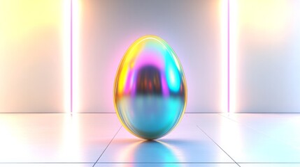 Poster - colorful reflective egg displayed in modern abstract space with glowing lights