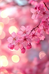 Poster - Close-up of Delicate Pink Cherry Blossoms on a Branch, Spring Floral Background with Soft Bokeh