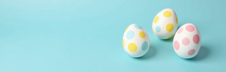Aufkleber - White Circle Decorated Easter Eggs In Shades Of Yellow, Blue, And Pink Sit On A Soft Pastel Blue Background With Empty Space Around Them.