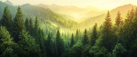 Aufkleber - A stunning view of lush green trees and misty mountains at sunrise, showcasing the peaceful beauty of nature and the vastness of the wilderness in the morning light.