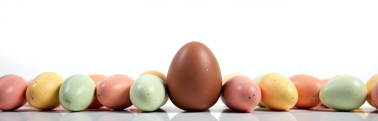 Poster - White Background Isolates Bottom Border Row Of Easter Chocolate Egg In A Standalone Image Perfect For A Web Banner Or Graphic.