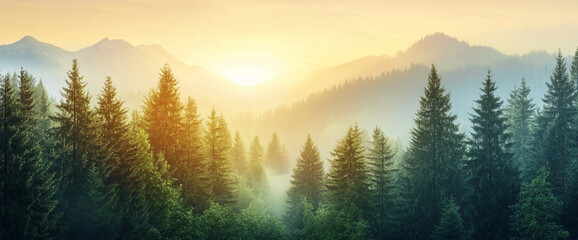 Aufkleber - A serene view of a misty forest at sunrise, with lush trees and mountains in the background, symbolizing tranquility, nature, and the beauty of the natural world.