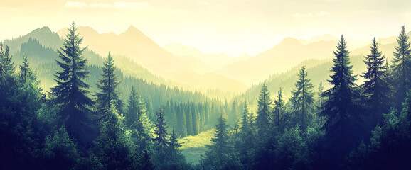 Aufkleber - A peaceful view of a misty forest at sunrise, with towering trees and mist covering the mountain valleys, showcasing the beauty of nature and tranquility in the wild.