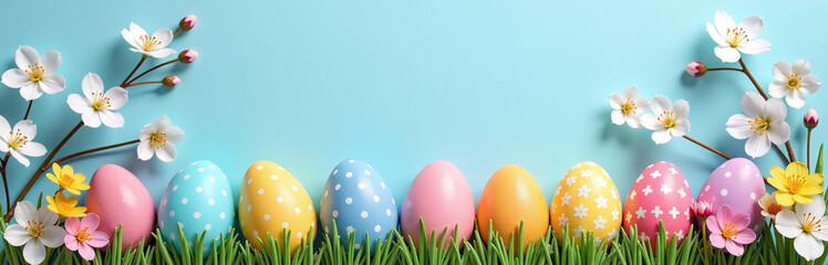 Poster - Vibrant Easter Eggs And Colorful Spring Flowers Adorn A Soft Blue Background With White Blossoms For A Beautiful Design.