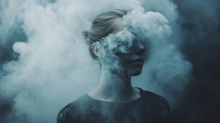 Poster - A young woman is enveloped in billowing smoke, her features obscured and creating an aura of intrigue. The dark surroundings enhance the ethereal quality, inviting contemplation