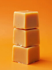 Poster - Three Caramel Cubes Are Stacked Vertically On A Vibrant Orange Background Creating A Colorful And Visually Appealing Treat Arrangement.