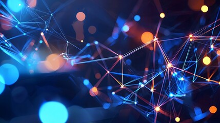Fototapete - Abstract Network Background with Interconnected Lines and Glowing Points in Blue and Orange