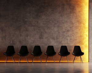 Aufkleber - A modern and minimalist interior with six black chairs placed against a textured grey wall, illuminated by soft orange ambient lighting at the base, creating a sleek, contemporary atmosphere.