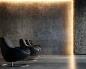 Aufkleber - A modern and minimalist interior with five sleek black chairs placed in a row against a textured concrete wall, illuminated by soft ambient lighting for a stylish, contemporary atmosphere.
