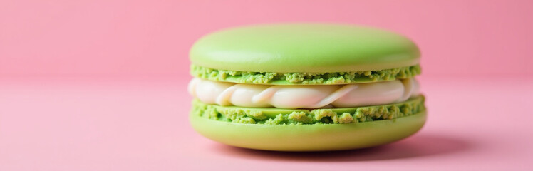 Poster - The Macaron Has A Vibrant Green Top And Bottom, Resembling Matcha, With A Creamy Filling In A Pink Background Design.