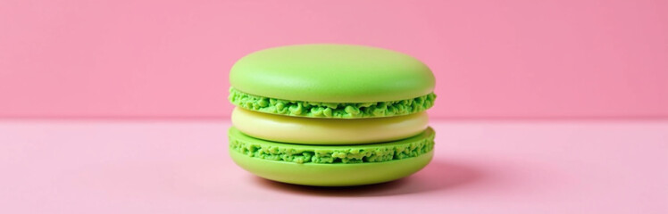 Poster - The Macaron Has A Vibrant Green Top And Bottom, Resembling Matcha, With A Creamy Filling In A Pink Background Design.