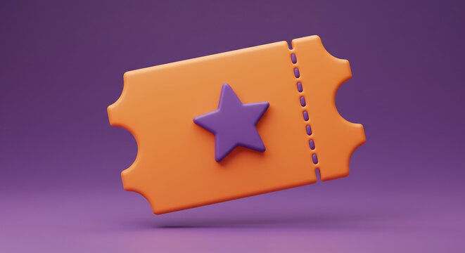 3D Render of Orange Ticket with Purple Star on Purple Background