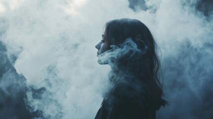 Poster - A solitary figure stands in profile, lost in contemplation as fog swirls around, creating an ethereal atmosphere. The mix of light and shadow adds depth to this tranquil moment
