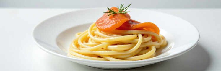 Aufkleber - Tagliatelle Pasta With Smoked Salmon Is Served Elegantly On A Simple Yet Stylish White Plate Against A Clean Background.