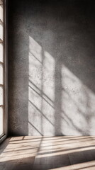 Fototapete - Muted sunlight shining through a window onto a textured gray wall. Soft shadows stretching across a minimalist, open space. Shadow overlay on wall paper texture, abstract background