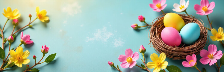 Aufkleber - Spring Easter Holiday Scene Featuring Colorful Eggs In Nests Surrounded By Vibrant Flowers On A Bright, Sunny Flat Lay Background.
