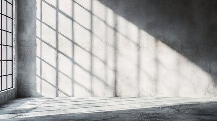 Fototapete - Panoramic window casting a grid-like shadow on a concrete-textured wall. Neutral tones in an empty studio room with a warm ambiance. Product presentation, minimalist style, modern interior concept