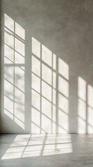 Fototapete - Panoramic window casting a grid-like shadow on a concrete-textured wall. Neutral tones in an empty studio room with a warm ambiance. Shadow overlay on wall paper texture, abstract background
