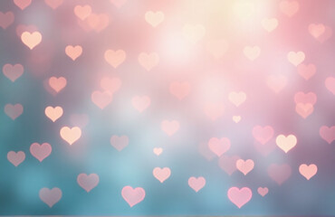 Poster - Soft Pastel Tones On A Blurred Background Are Paired With Heart Shapes And Bokeh Lighting Effects To Create A Whimsical Atmosphere.