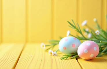 Poster - Soft Focus Photo Of Easter Banner With Delicate Pastel Egg Design On A Bright Yellow Wooden Background With Ample Copy Space Above It.