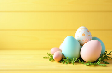 Poster - Soft Focus Photo Of Easter Banner With Delicate Pastel Egg Design On A Bright Yellow Wooden Background With Ample Copy Space Above It.