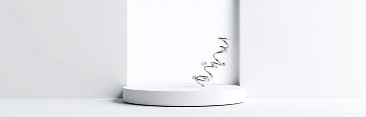 Poster - Sleek Podium With Abstract Floating Spring Elements, White Background Highly Detailed Designs, Realism