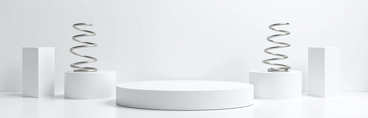 Poster - Sleek Podium With Abstract Floating Spring Elements, White Background Highly Detailed Designs, Realism