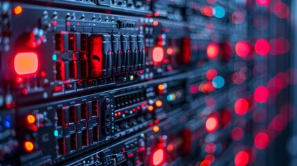 Leinwandbilder - High performance servers are lined up in a data center, illuminated by vibrant red lights, displaying the heartbeat of digital infrastructure during the night.