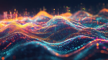 Poster - Abstract artistic representation of digital communication signals flowing across a neon landscape.