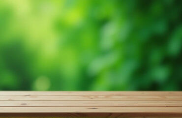 Aufkleber - Simple Scene Featuring A Green Background With Blurred Bokeh And A Minimalist Setup Of An Empty Wooden Table.