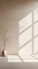 Fototapete - Subtle shadow of a window frame falling across a textured taupe wall. Soft sunlight filling an empty room with a calm, neutral ambiance. Shadow overlay on wall paper texture, abstract background